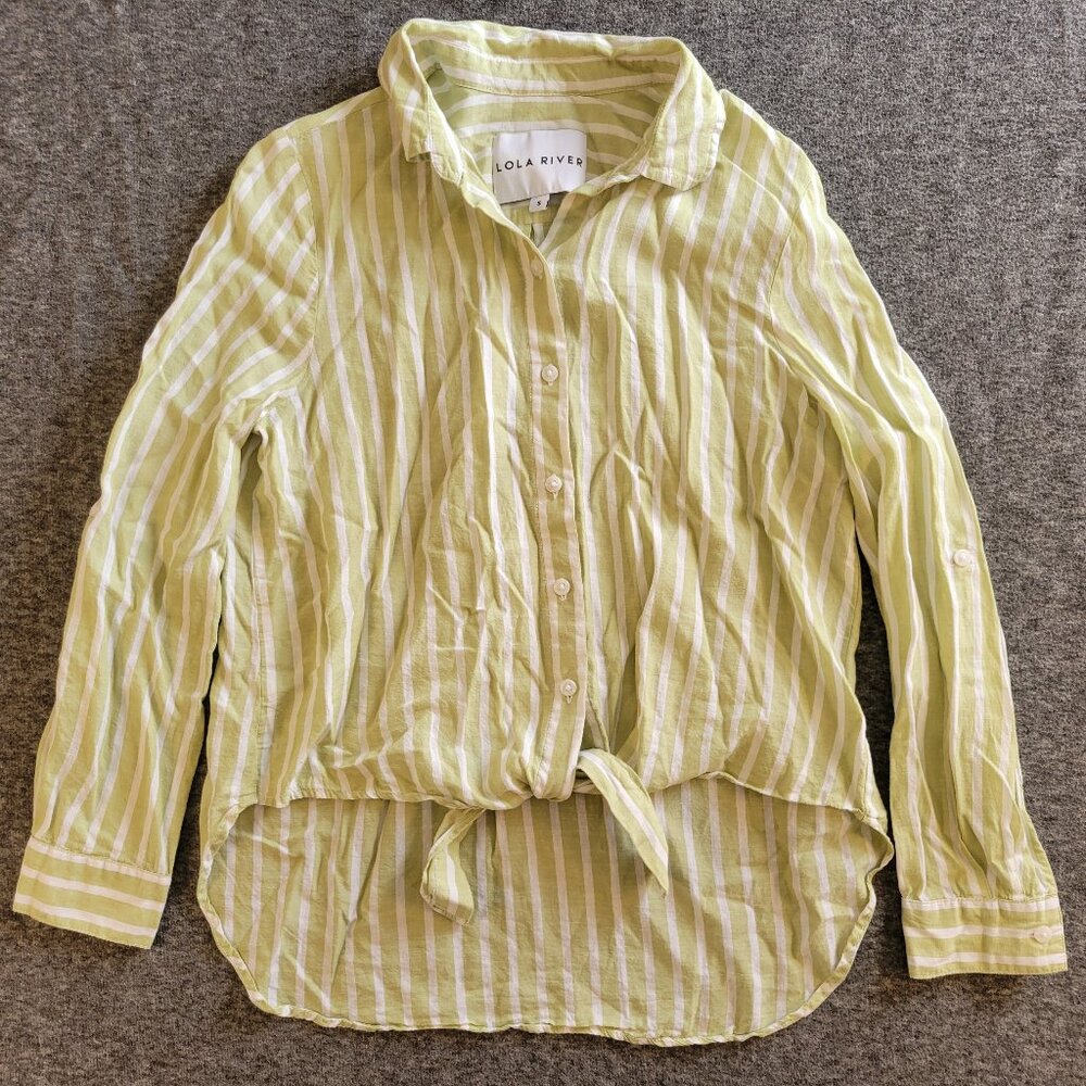Lola River Green White Striped Linen Blouse S Button Down Summer Vacation Beach